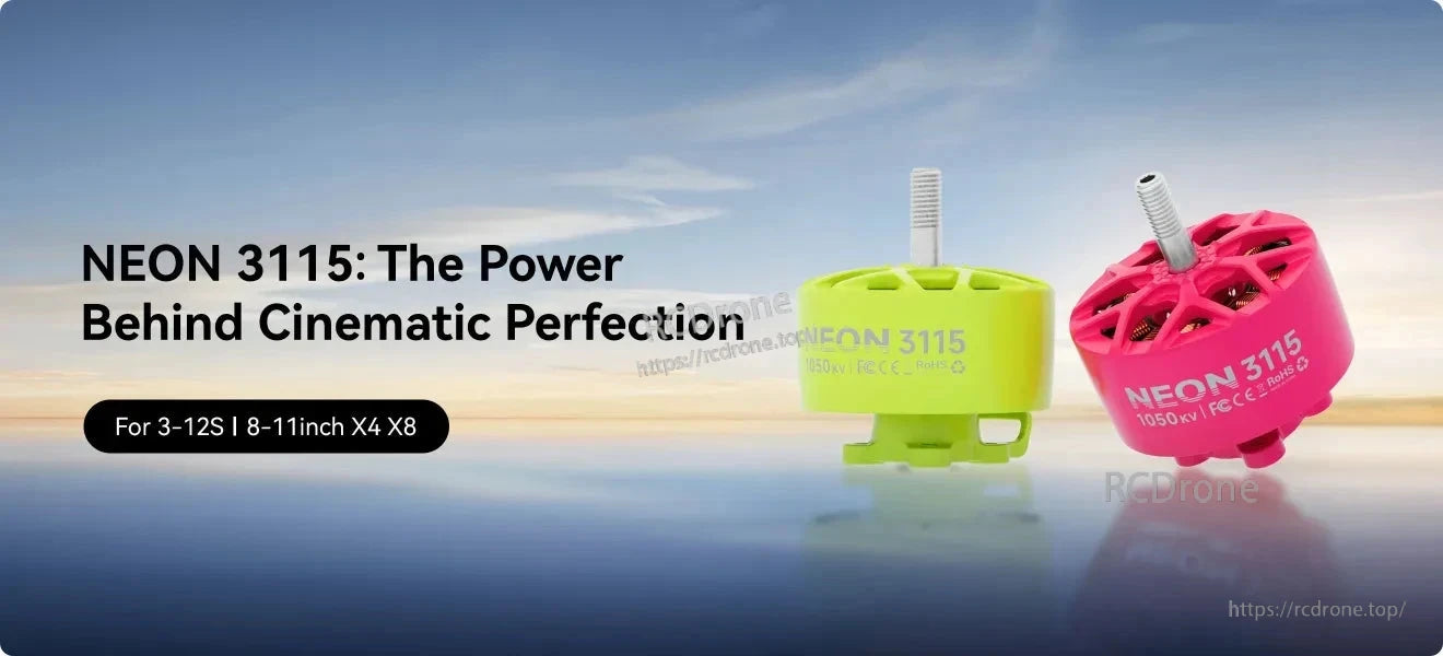 MEPS NEON 3115 1050KV Brushless Motor, NEON 3115 1050KV brushless motor, compatible with 3-12S batteries and 8-11 inch drones, delivers high-performance cinematic flight for X4 and X8 configurations.