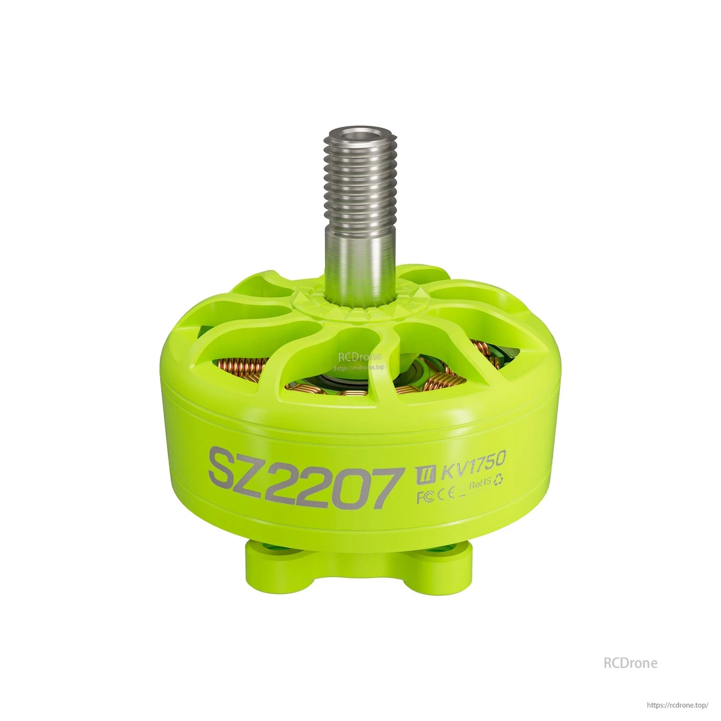 Neon green SZ2207 motor front view with KV1750 marking and threaded shaft on white