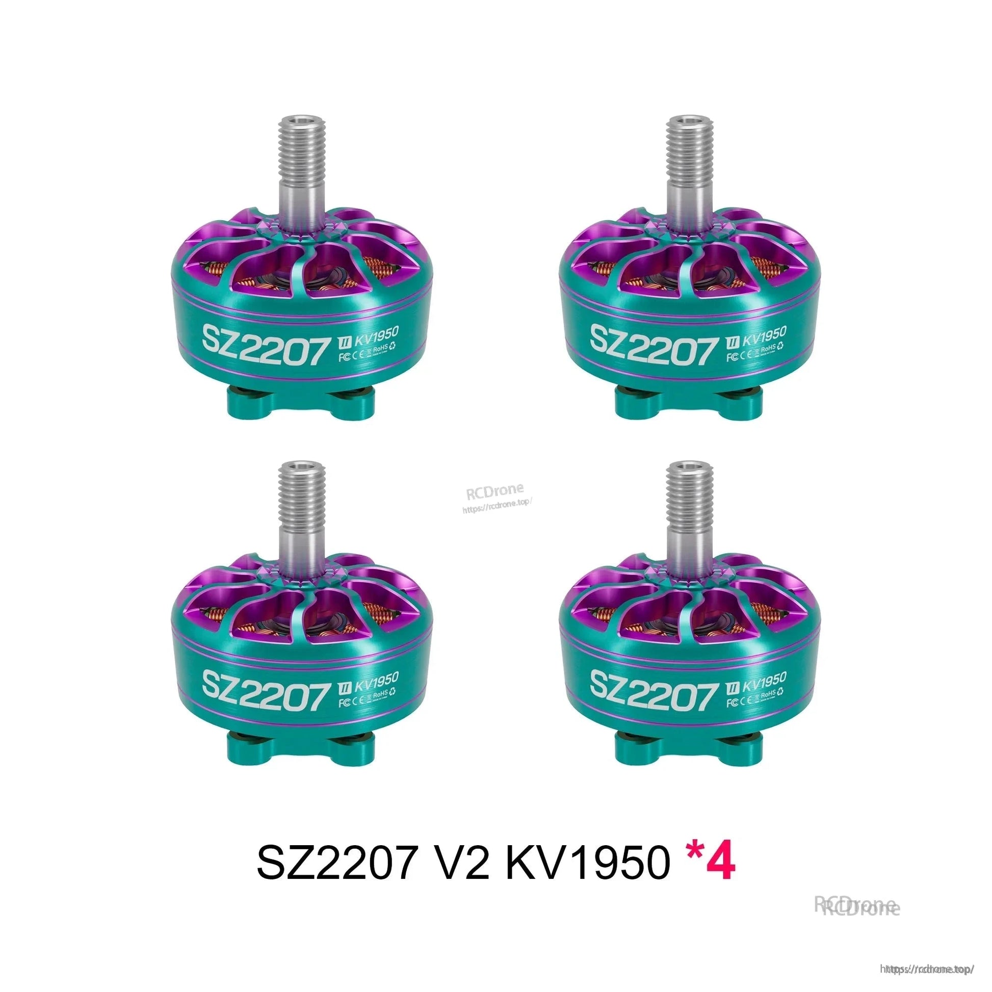 Four SZ2207 V2 motors, teal and purple finish, graphic shows KV1950 x4 bundle