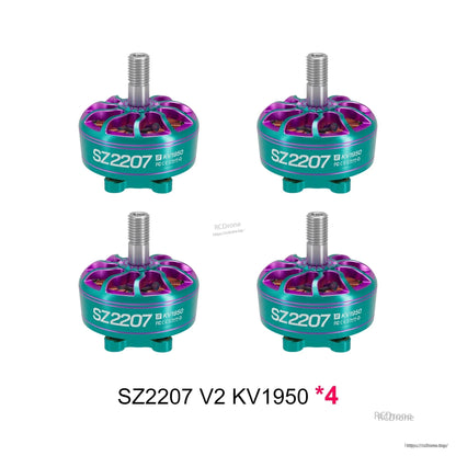 Four SZ2207 V2 motors, teal and purple finish, graphic shows KV1950 x4 bundle