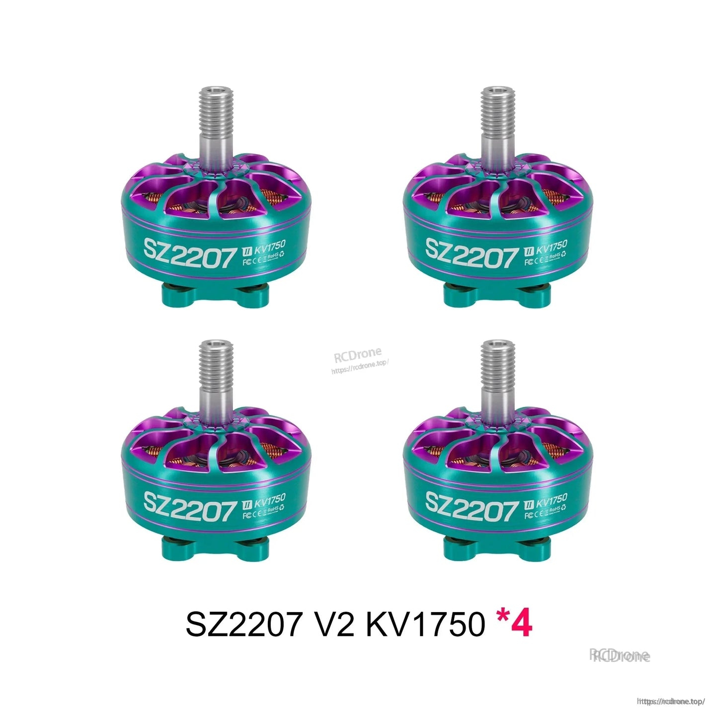 Four SZ2207 V2 motors, teal and purple finish, graphic shows KV1750 x4 bundle