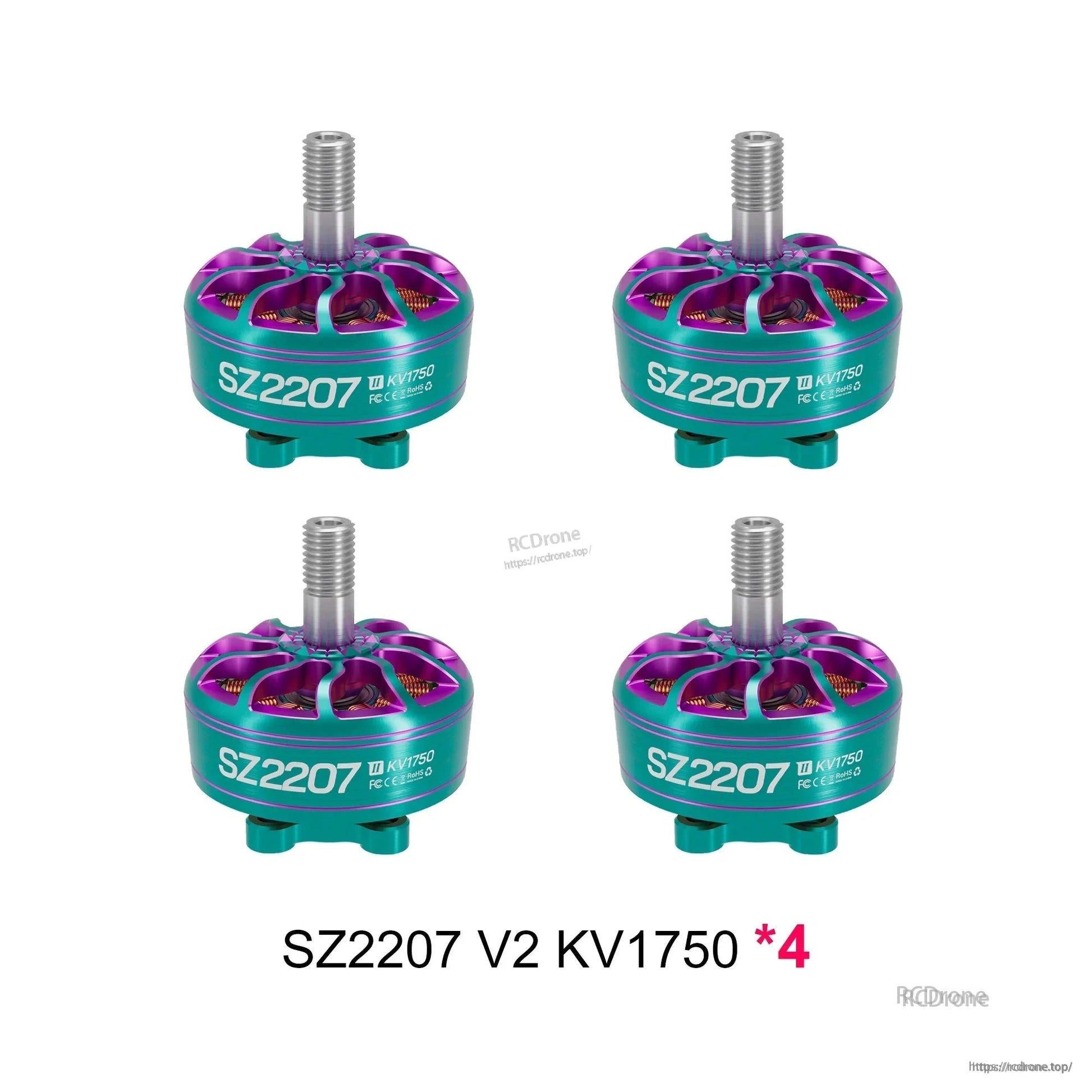 Four SZ2207 V2 motors, teal and purple finish, graphic shows KV1750 x4 bundle