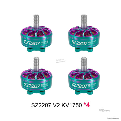 Four SZ2207 V2 motors, teal and purple finish, graphic shows KV1750 x4 bundle