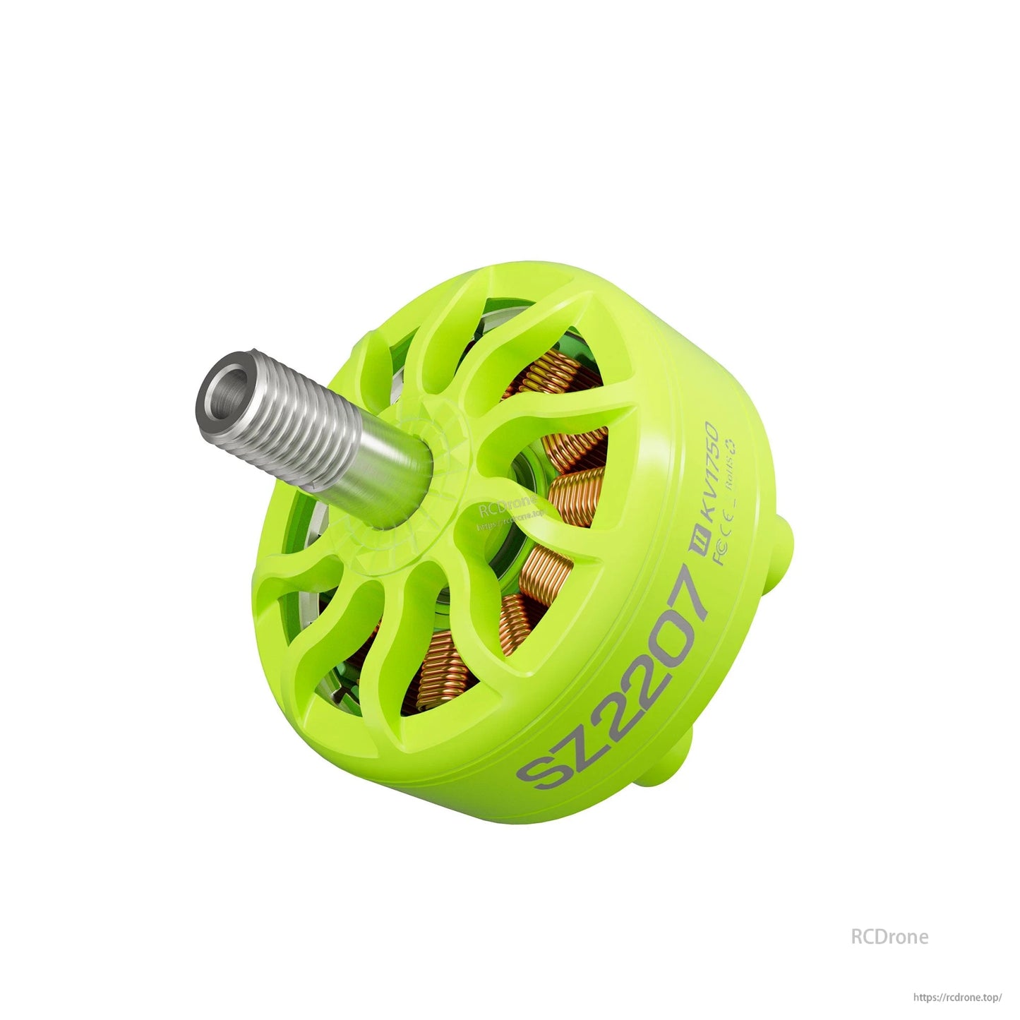 Angled close-up of neon green SZ2207 motor showing open bell design, copper windings