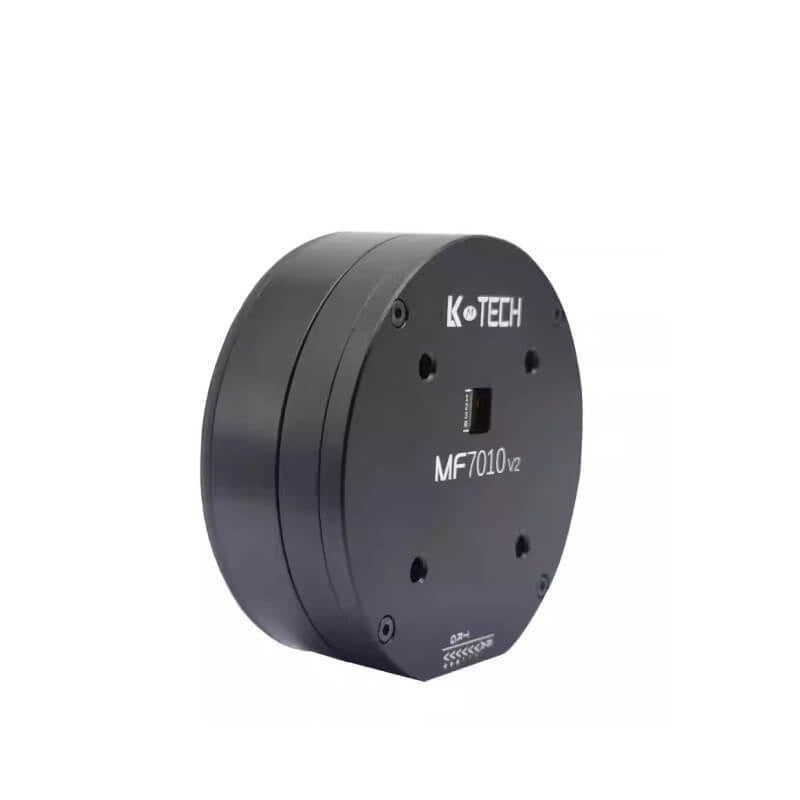 Angled view of LKMTECH MF7010-V2 motor housing showing front cover depth and mounting holes