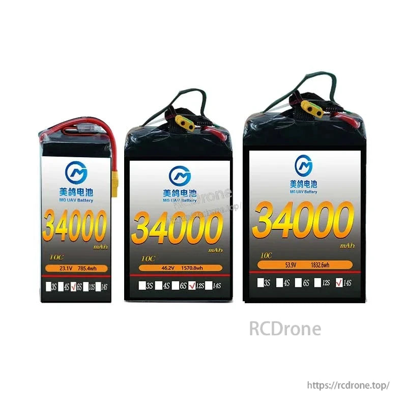 MG UAV Battery: 34000mAh, 10C, multiple configurations (3S–14S), voltages 23.1V–53.9V, energy up to 1832.6Wh, high-density solid-state LiPo for heavy-duty drones.