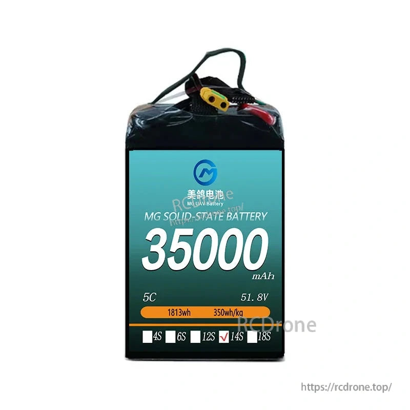 MG 35000mAh 6S/12S/14S 5C Solid State Lipo Battery, High-capacity 51.8V MG solid-state battery with 35000mAh, 1813Wh, and 350Wh/kg energy density, ideal for heavy-load UAVs in 14S configuration.