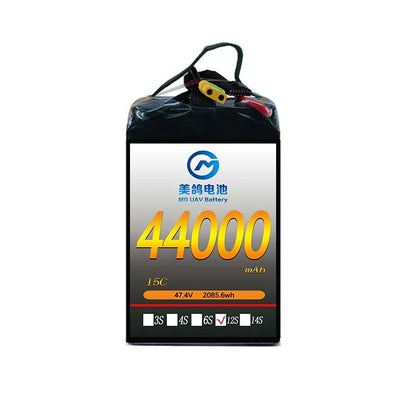 MG 44000mAh 12S 15C LiPo battery, 47.4V, 2085.6Wh capacity, high-performance power solution for drones and RC applications.