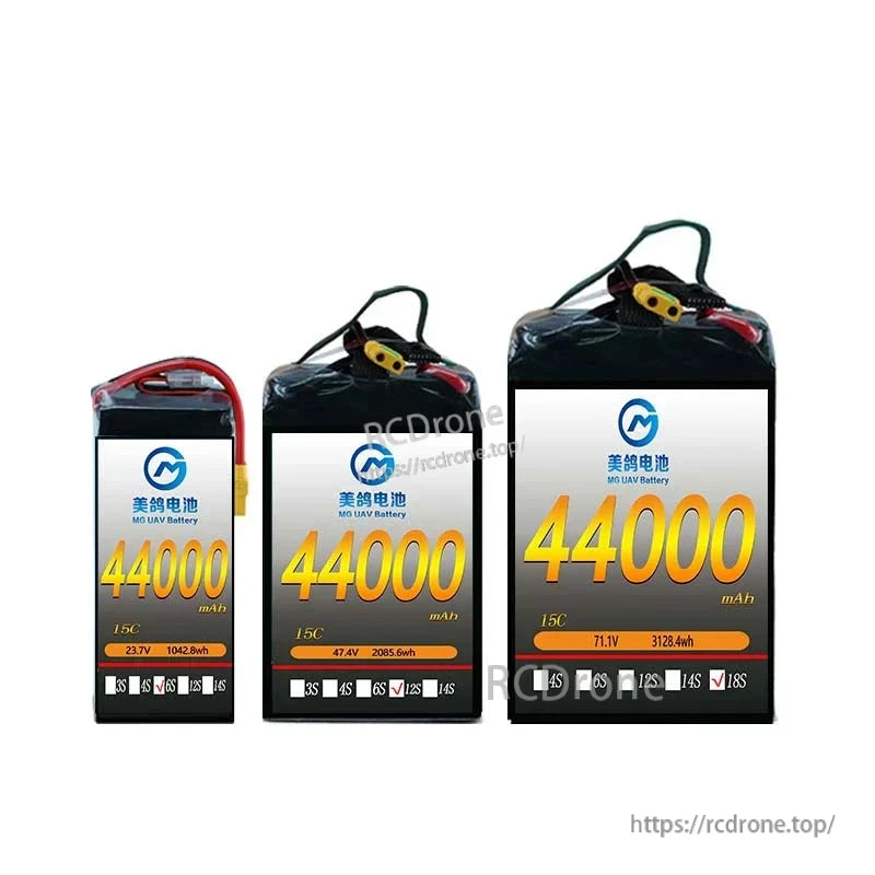 MG UAV Battery: 44000mAh, 6S/12S/18S, 23.7V–71.1V, solid-state LiPo with high energy density; ideal for drones and RC aircraft, offering 1042.8–3128.4Wh capacity.