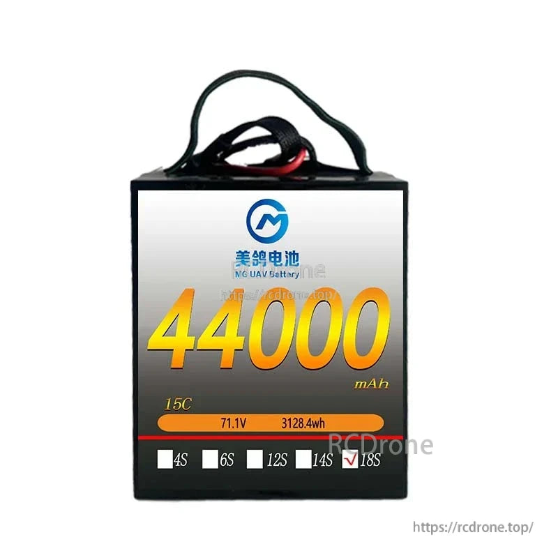 MG 44000mAh 18S 15C LiPo battery, 71.1V, 3128.4Wh, high energy density, ideal for drones and RC aircraft.