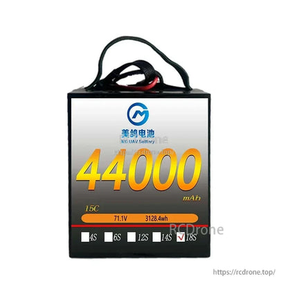 MG 44000mAh 18S 15C LiPo battery, 71.1V, 3128.4Wh, high energy density, ideal for drones and RC aircraft.