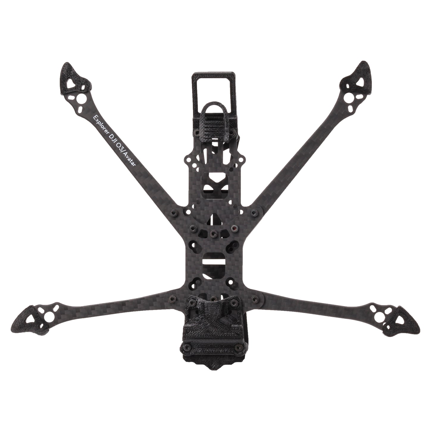 Flywoo Explorer LR 4 Walksnail Frame Kit, Flywoo Explorer LR quadcopter frame kit in carbon fiber with long arms, cutouts, and 3D-printed mounts