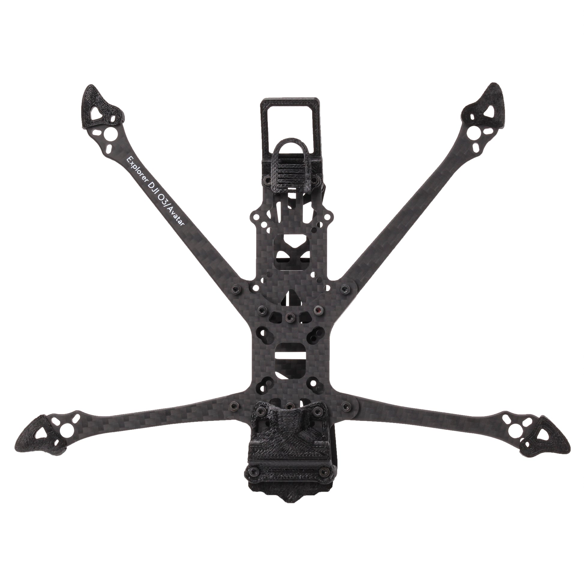 Flywoo Explorer LR 4 Walksnail Frame Kit, Flywoo Explorer LR quadcopter frame kit in carbon fiber with long arms, cutouts, and 3D-printed mounts