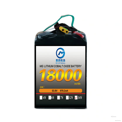 High-capacity 53.9V MG 18000mAh 10C LiCoO2 battery, 970.2Wh, 14S configuration, designed for heavy-duty UAVs requiring long flight times and reliable power.