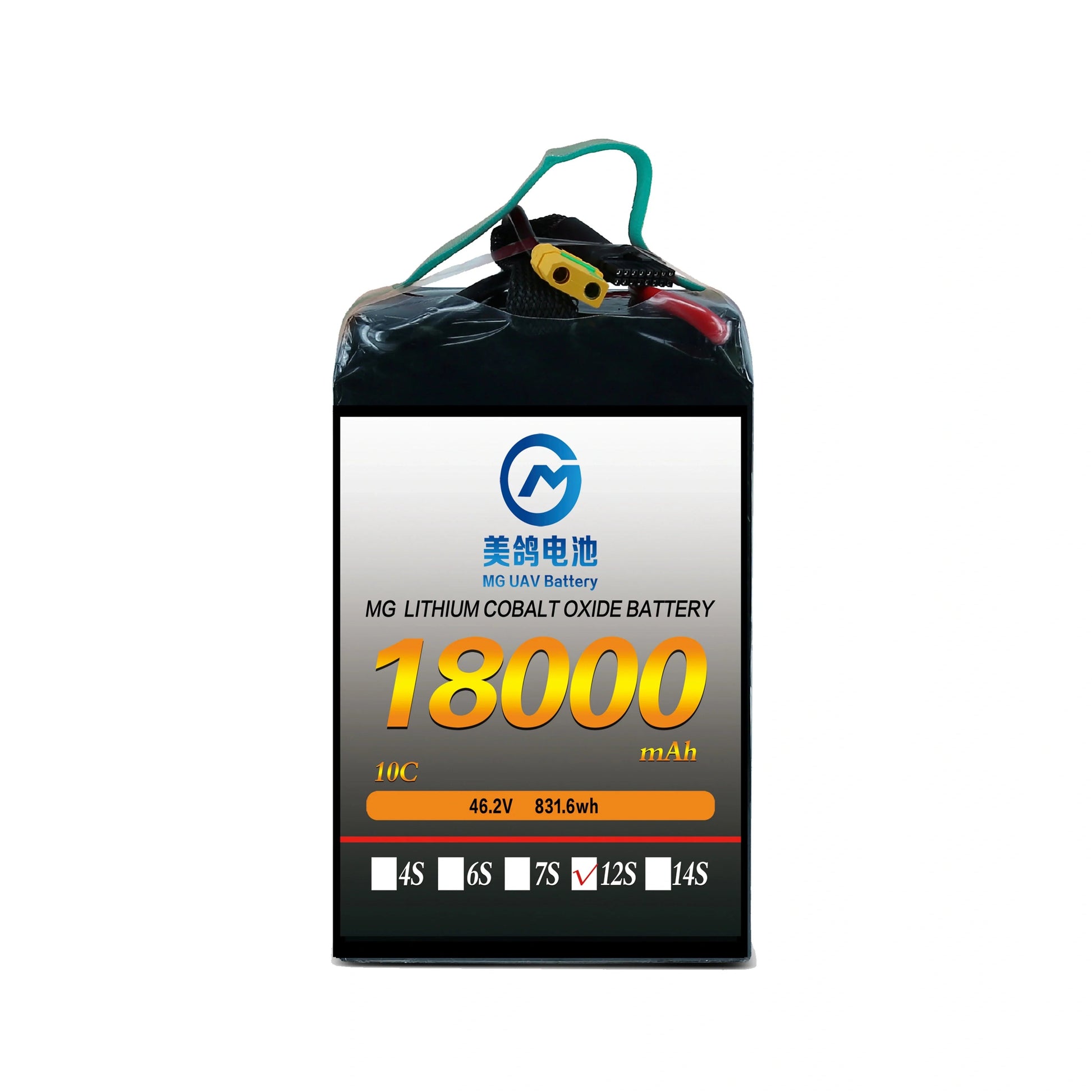 High-capacity 18,000mAh MG UAV battery, 12S 46.2V, 10C discharge, 831.6Wh lithium cobalt oxide for extended drone flight performance and reliability.