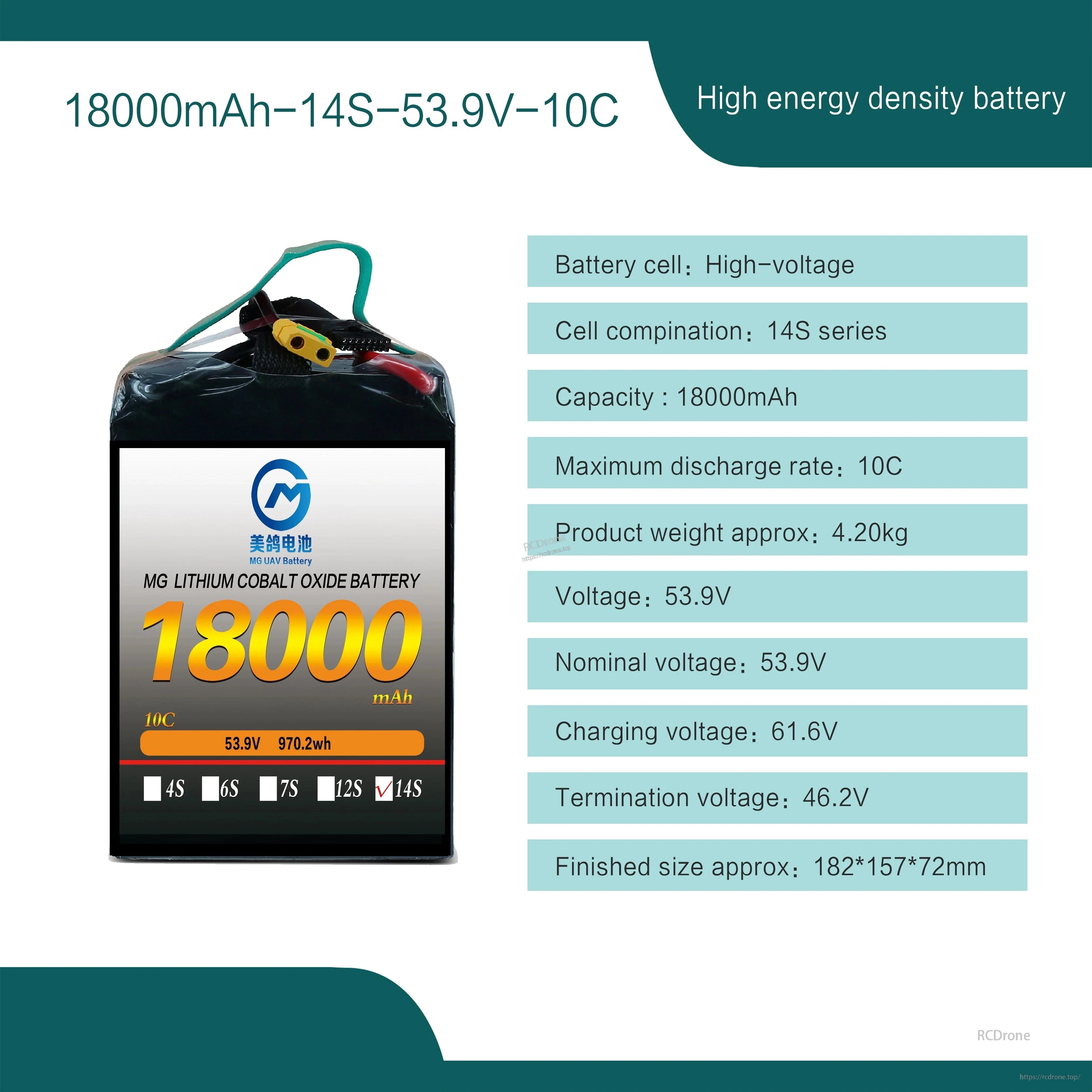 MG 6S-14S 10C Lipo Battery, 18000mAh 14S 53.9V lithium battery, high-energy-density, 4.20kg, 61.6V charge, 46.2V cutoff, compact 182×157×72mm design with high-voltage cells.