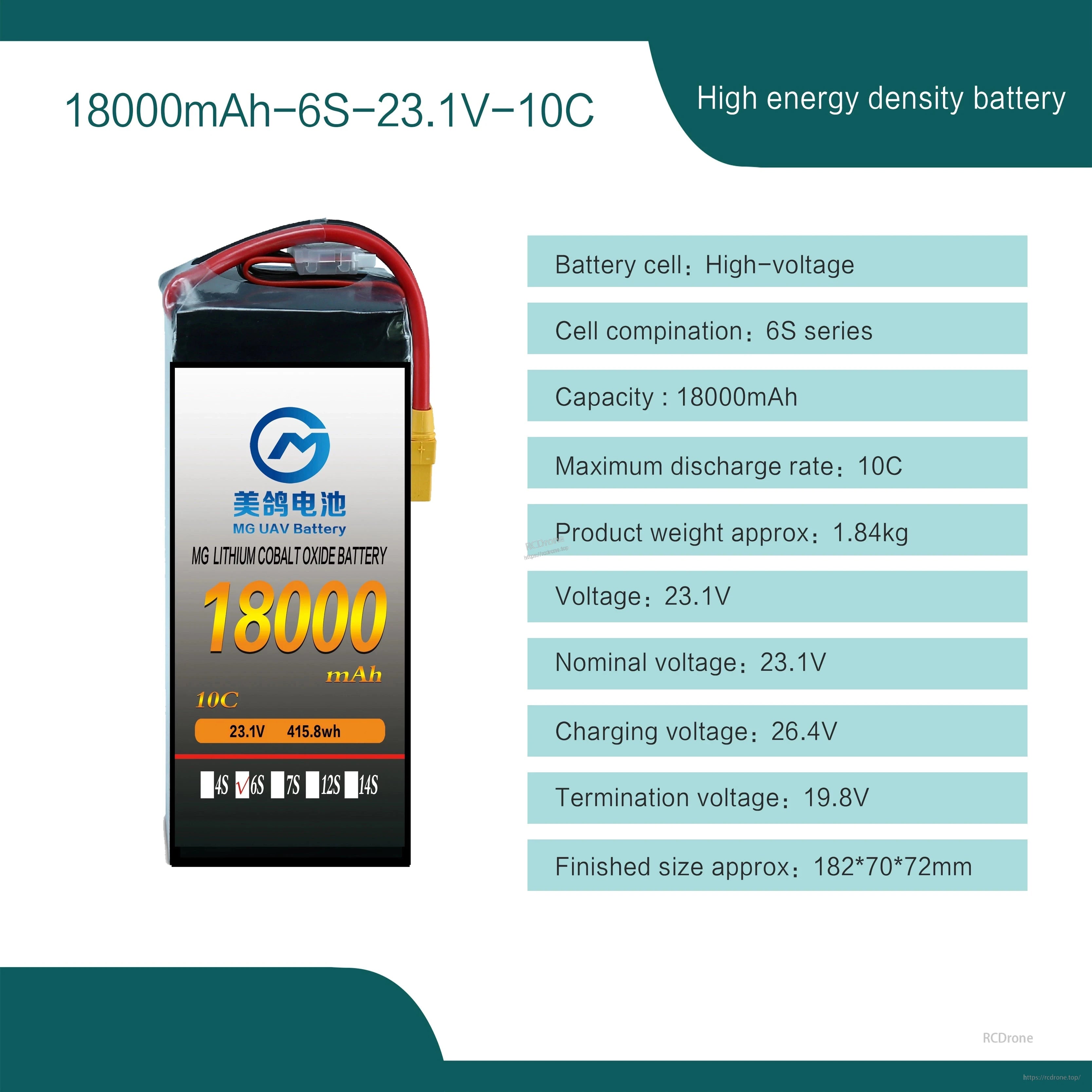 MG 6S-14S 10C Lipo Battery, MG 18000mAh 6S 23.1V 10C LiCoO2 drone battery, 1.84kg, 415.8Wh capacity, high energy density, 26.4V charge, 19.8V cutoff, compact 182×70×72mm design.