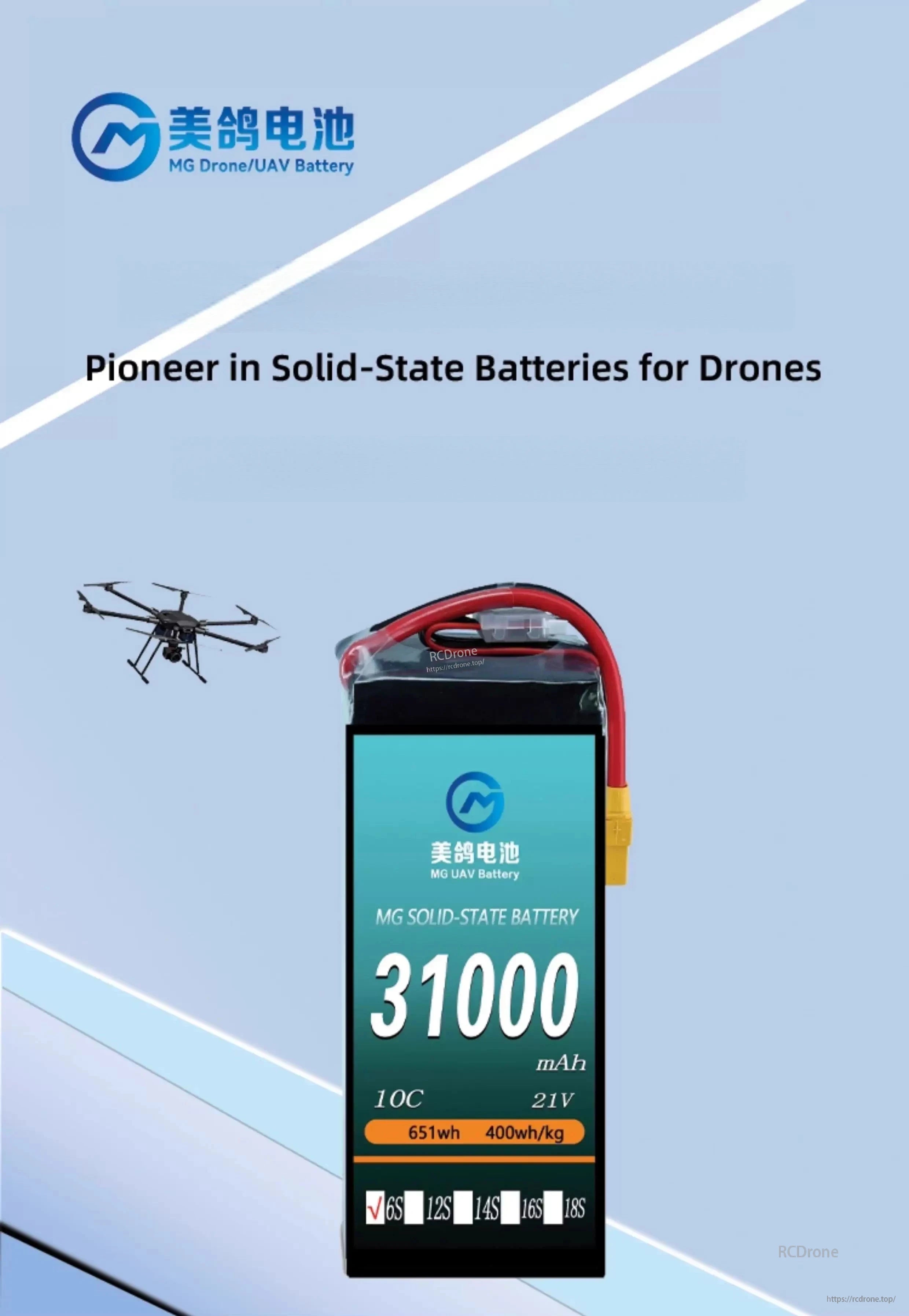 MG 6S 31k Lipo Drone Battery, MG solid-state battery: 31000mAh, 21V, 10C, 651Wh, 400Wh/kg, 6S—pioneer in high-energy drone power solutions.
