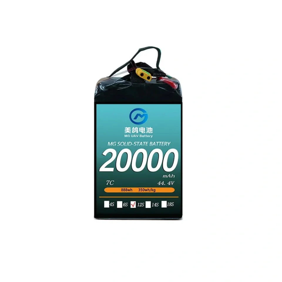 High-capacity 20000mAh MG solid-state battery, 44.4V, 888Wh, 350Wh/kg energy density, 12S configuration, ideal for UAVs requiring long flight times and reliable power.