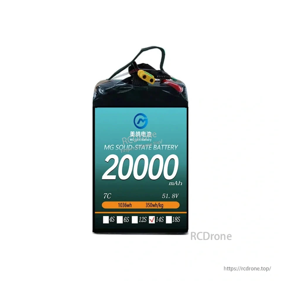 MG 20000mAh solid-state battery: 51.8V, 1036Wh, 350Wh/kg, 14S, 7C—ideal for high-performance, heavy-load UAVs.