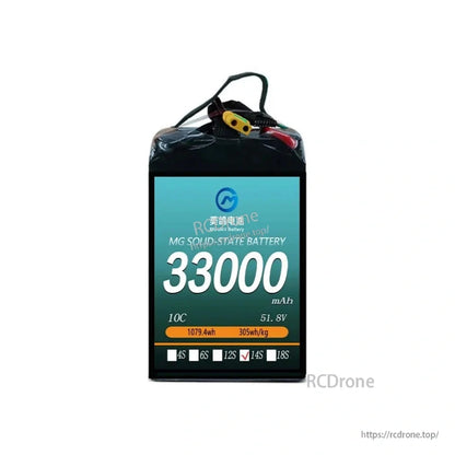 MG Solid-State Lipo Battery, MG solid-state battery: 33000mAh, 51.8V, 1079.4Wh, 305Wh/kg. High energy density, 14S, 10C. Perfect for UAVs, drones, airplanes, and RC use.