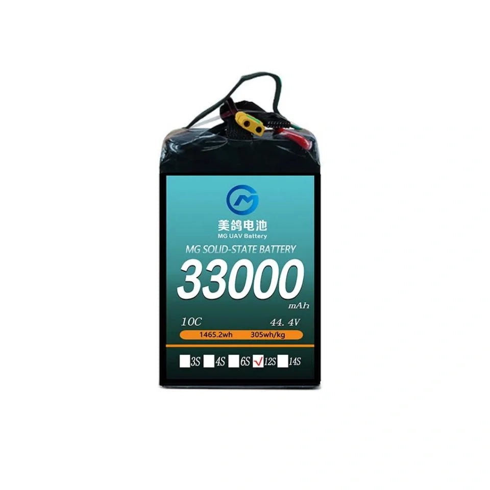 MG Solid-State Lipo Battery, MG solid-state battery: 33000mAh, 10C, 44.4V, 1465.2Wh, 305Wh/kg, 12S—high-capacity, lightweight power for UAVs and RC drones.