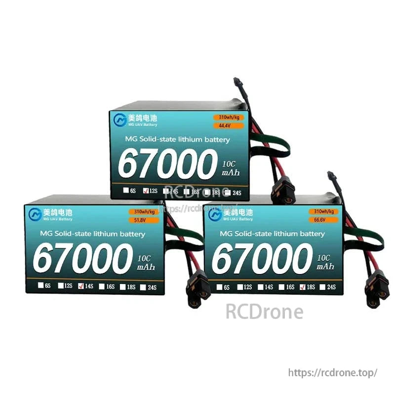 MG Solid-State Lipo Battery, MG solid-state lithium battery: 67,000mAh, 12S–18S, 310Wh/kg, lightweight, high-performance power for UAVs and RC models.