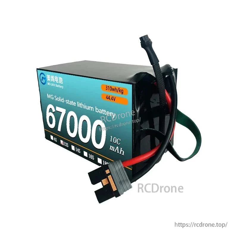 MG Solid-State Lipo Battery, MG solid-state lithium battery: 67000mAh, 44.4V, 12S/14S/18S, 10C, 310Wh/kg, 1C–2C charge, ideal for UAVs and RC applications.