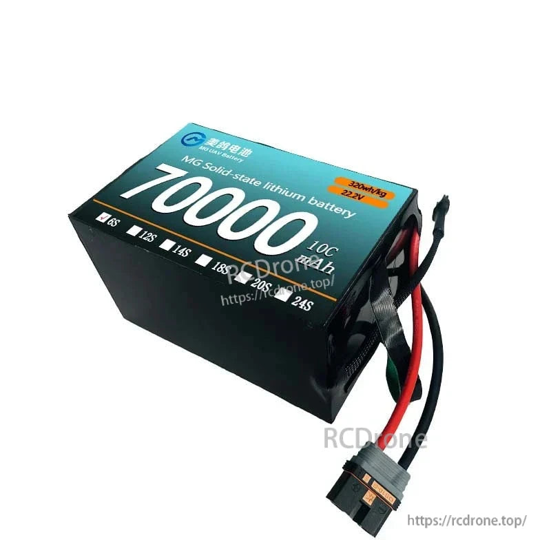MG Solid-State Lipo Battery, MG solid-state LiPo battery: 70,000mAh, 10C, 6S-24S, ideal for UAVs, drones, RC aircraft; features selectable plug options.