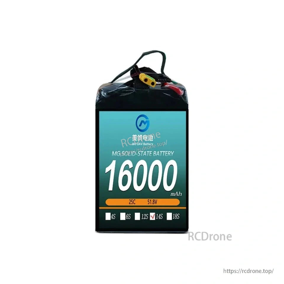 High-capacity 16000mAh 51.8V 14S solid-state battery, 25C, designed for heavy-duty VTOL fixed-wing firefighting drones.