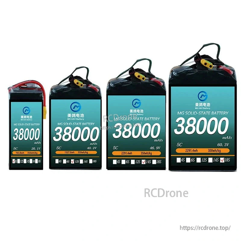 MG solid-state battery: 38000mAh, 5C, 350Wh/kg, 6S–18S options, ideal for high-performance, long-endurance heavy-load UAVs.