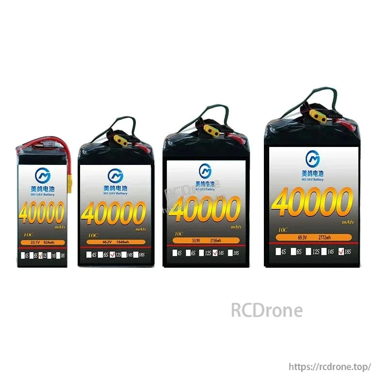 MG UAV 40000mAh 10C LiPo battery, 6S-18S, 23.1V-69.3V, 92-2772Wh, solid-state, designed for high-performance, heavy-duty drones.