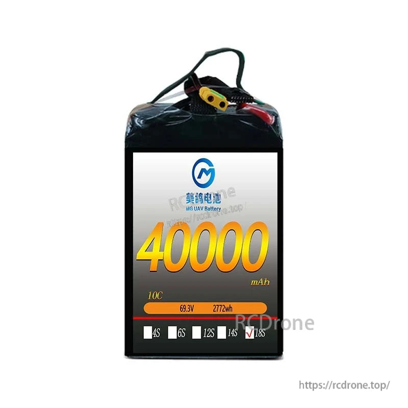 MG UAV 40000mAh 18S LiPo battery, 69.3V, 10C discharge rate, 2772Wh capacity, designed for high-performance unmanned aerial vehicles requiring long flight times and reliable power.