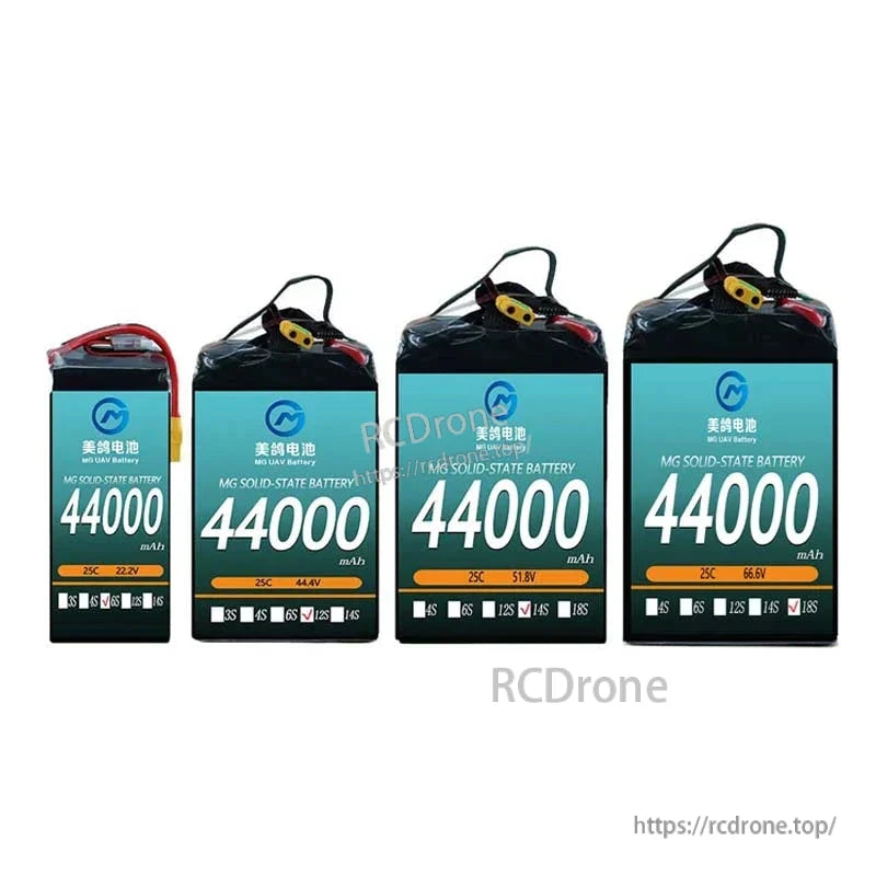 MG solid-state batteries (44000mAh, 25C) offer 3S–18S configurations, 22.2V–66.6V, durable design, clear labeling; ideal for agricultural drones needing long runtime and reliable high-power performance.