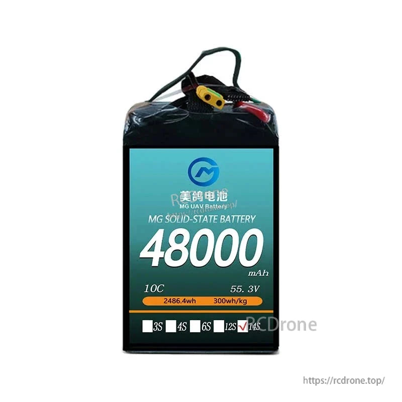 MG solid-state battery: 48000mAh, 55.3V, 2486.4Wh, 300Wh/kg, 14S, high-density pack for heavy-duty drones.