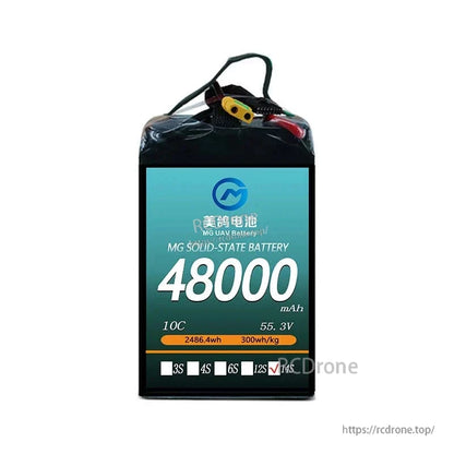 MG solid-state battery: 48000mAh, 55.3V, 2486.4Wh, 300Wh/kg, 14S, high-density pack for heavy-duty drones.