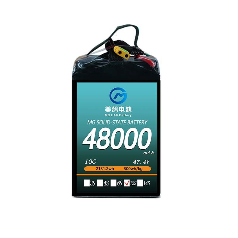 MG solid-state battery: 48000mAh, 10C, 47.4V, 2131.2Wh, 300Wh/kg, compatible with 6S, 12S, 14S systems—high capacity, energy-dense, and versatile for drone applications.