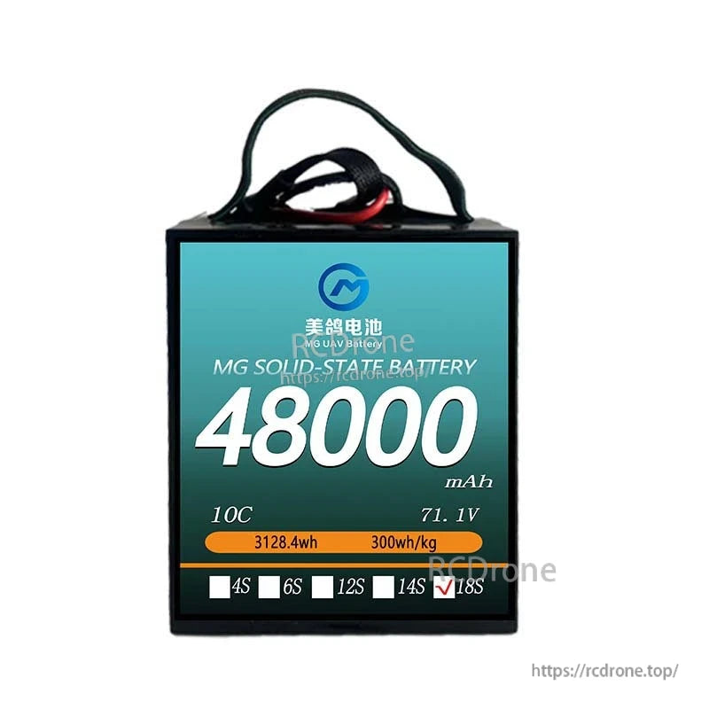 MG solid-state battery: 48000mAh, 71.1V, 3128.4Wh, 300Wh/kg, 18S, high-density pack for heavy-duty drones.