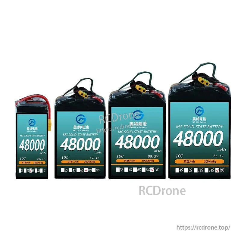 MG solid-state battery: 48,000mAh, 300Wh/kg, 6S–18S, 23.7–71.1V, high-density pack for heavy-duty drones.