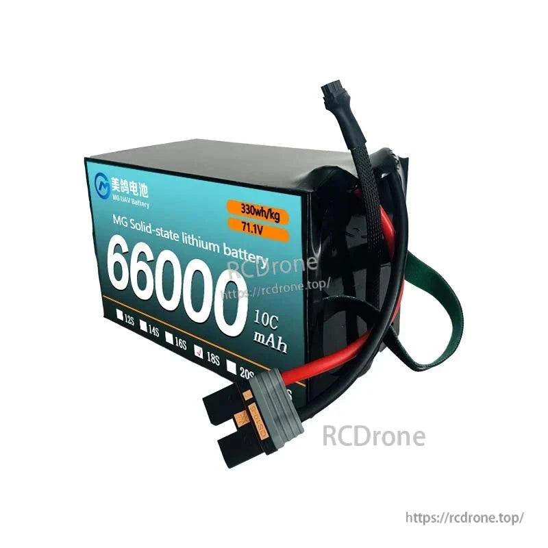 High-density MG solid-state lithium battery: 66000mAh, 10C, 330Wh/kg, 71.1V, 18S—ideal for heavy-duty drones.