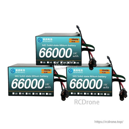 MG solid-state lithium battery: 66000mAh, 10C, 330Wh/kg, available in 6S, 12S, 18S. High-density pack ideal for heavy-duty drones.