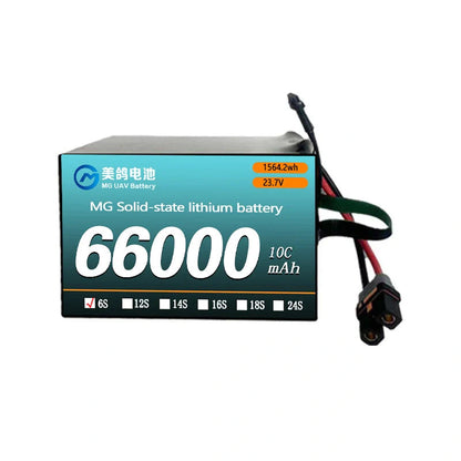 MG solid-state lithium battery: 66000mAh, 10C, 6S-24S, 23.7V, 1564.2Wh—high capacity, durable power for drones and high-performance applications.
