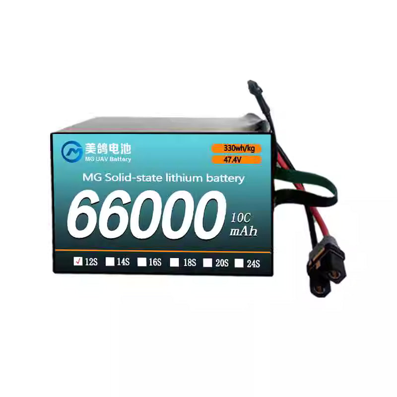 MG solid-state lithium battery: 66,000mAh, 10C, 47.4V, 330Wh/kg, 12S—high energy density and performance for advanced drone applications.