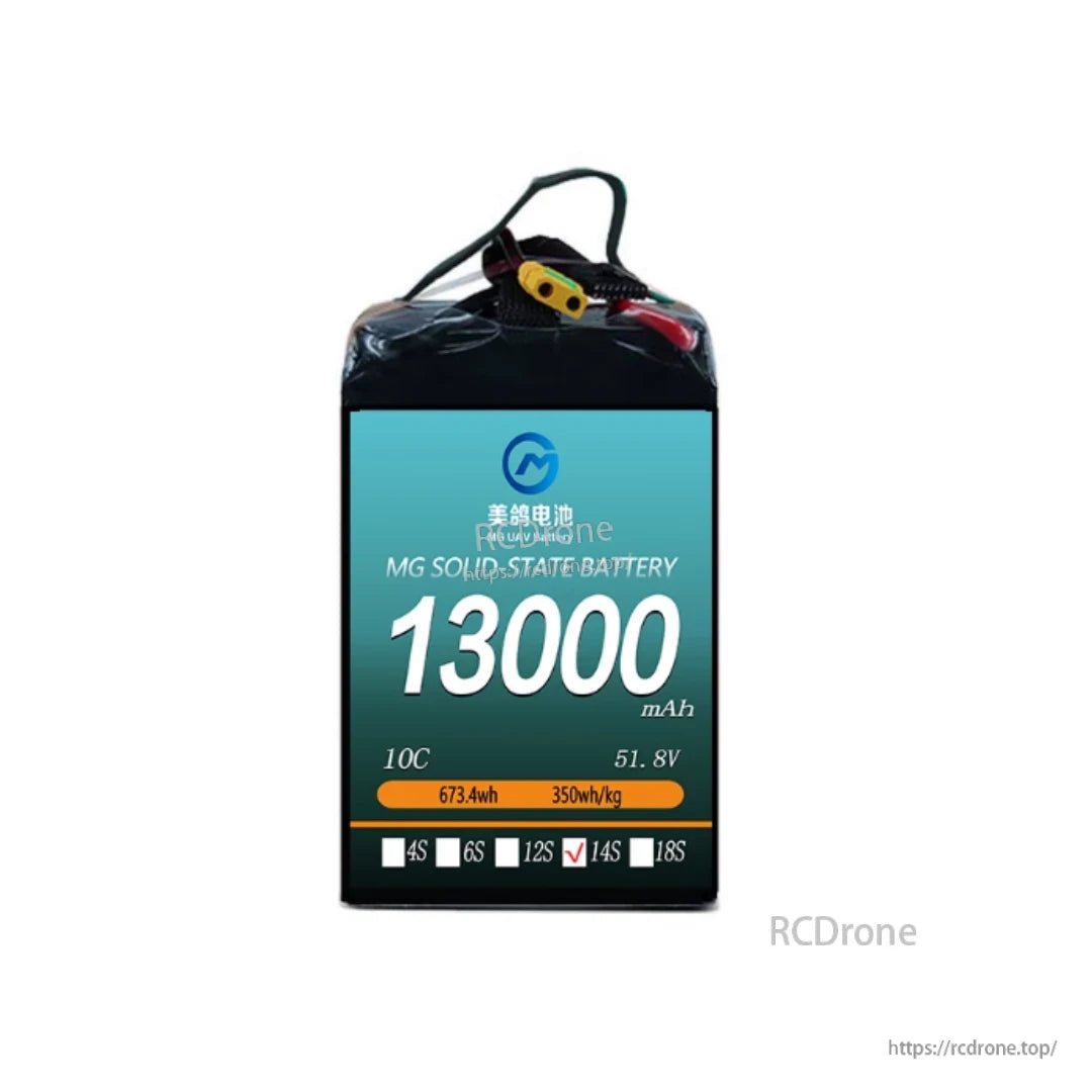 MG UAV Solid-State Lipo Battery, MG solid-state battery: 13000mAh, 10C, 51.8V, 673.4Wh, 350Wh/kg, 14S—high energy density, ideal for drones and high-performance applications.