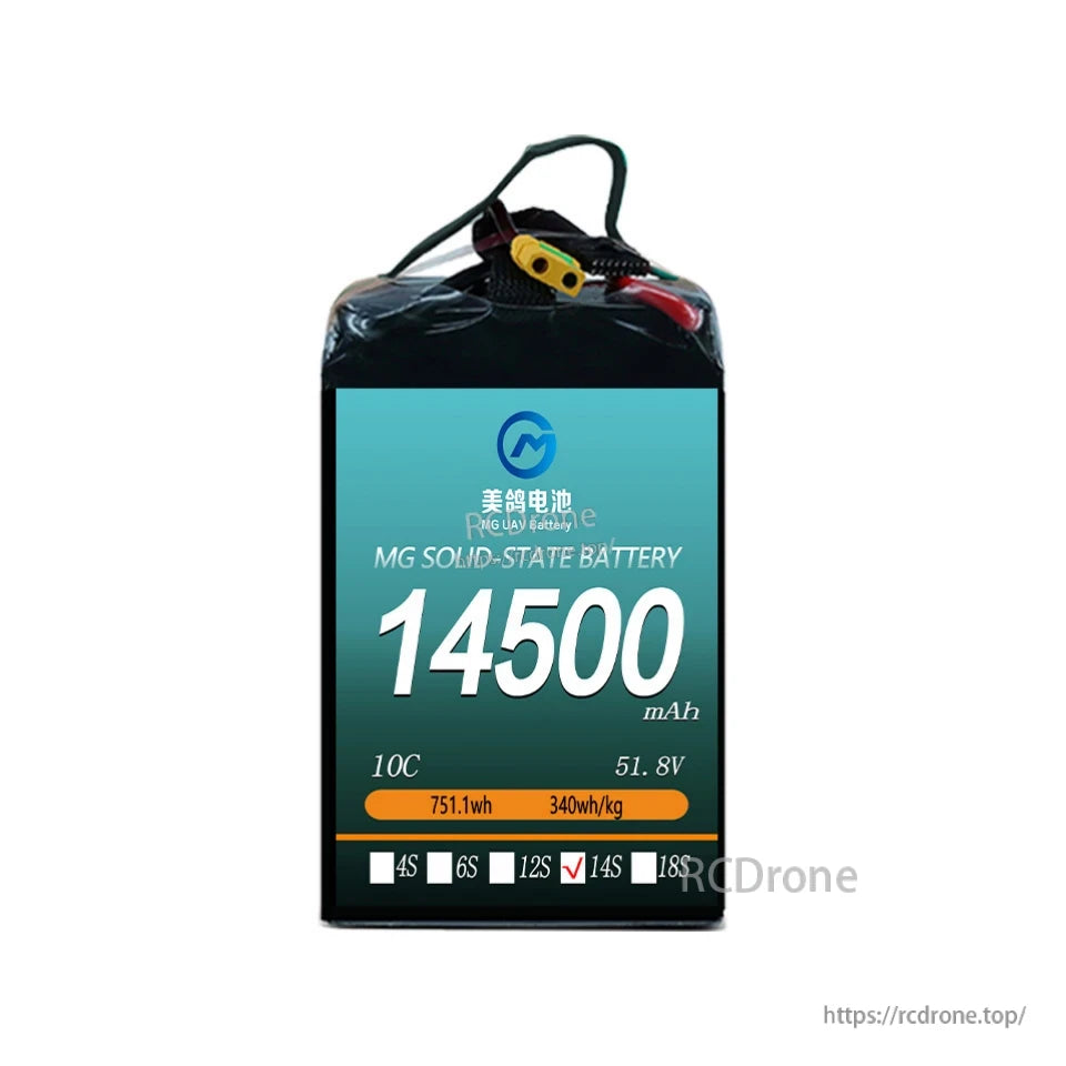 MG UAV Solid-State Lipo Battery, High-capacity 51.8V MG solid-state battery, 14500mAh, 751.1Wh, 340Wh/kg, 14S configuration, ideal for heavy-load UAVs with 10C discharge rate.
