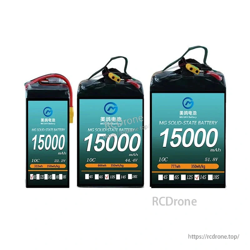 MG UAV Solid-State Lipo Battery, MG solid-state battery: 15000mAh, 6S/12S/14S, 22.2V–51.8V, up to 777Wh energy, 350Wh/kg density. Ideal for heavy-load, long-endurance UAVs.