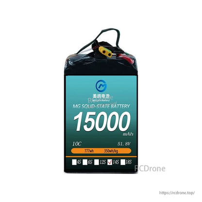 MG UAV Solid-State Lipo Battery, MG 15000mAh solid-state battery: 51.8V, 777Wh, 350Wh/kg, 14S, 10C—ideal for heavy-load, long-endurance UAVs.