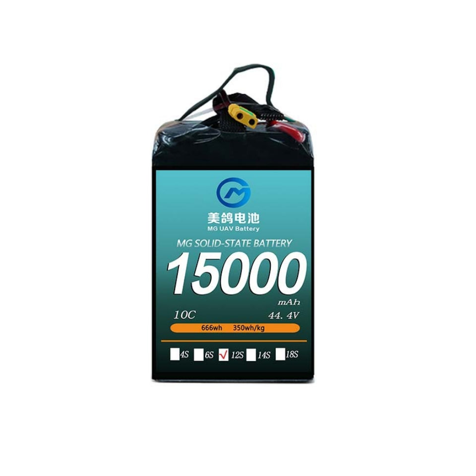 MG UAV Solid-State Lipo Battery, MG solid-state battery: 15000mAh, 10C, 44.4V, 666Wh, 350Wh/kg energy density, 12S configuration—high-capacity, lightweight power solution for advanced drone applications.