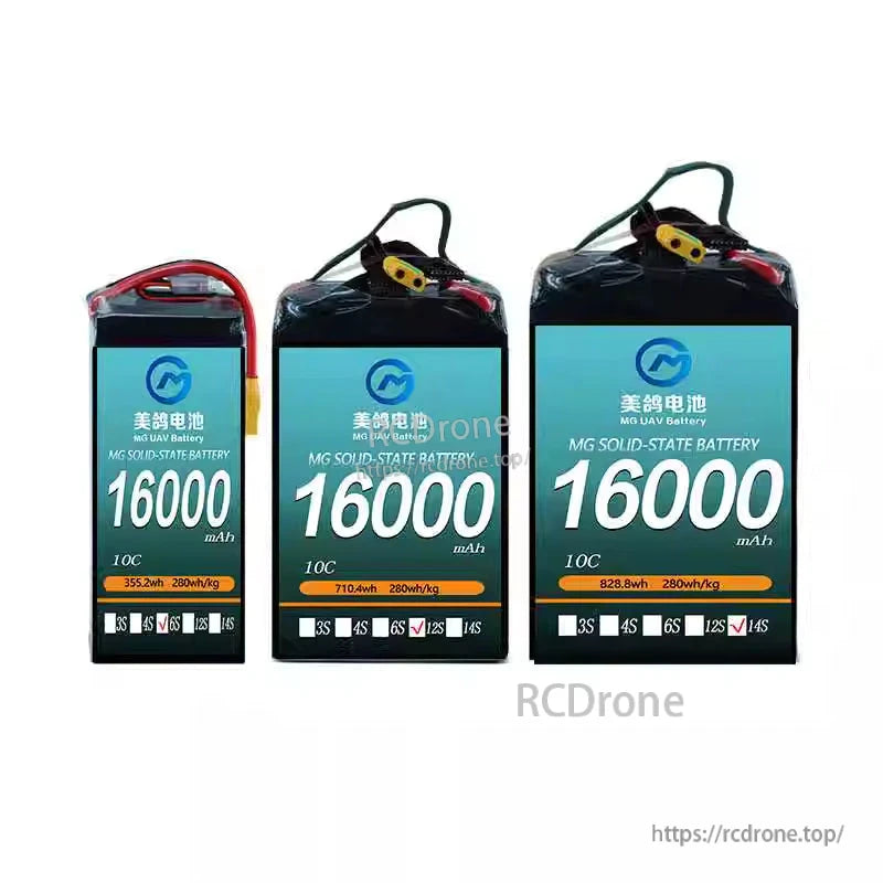 MG UAV Solid-State Lipo Battery, MG 16000mAh 10C solid-state battery offers 6S/12S/14S options, up to 828.8Wh energy, 280Wh/kg efficiency—ideal for heavy-duty drones.