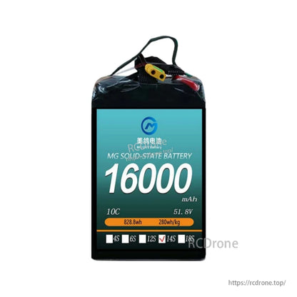 MG UAV Solid-State Lipo Battery, High-capacity 16000mAh 51.8V 14S MG solid-state battery, 828.8Wh energy, 280Wh/kg density, 10C discharge—ideal for heavy-duty drones requiring long flight times and reliable power.